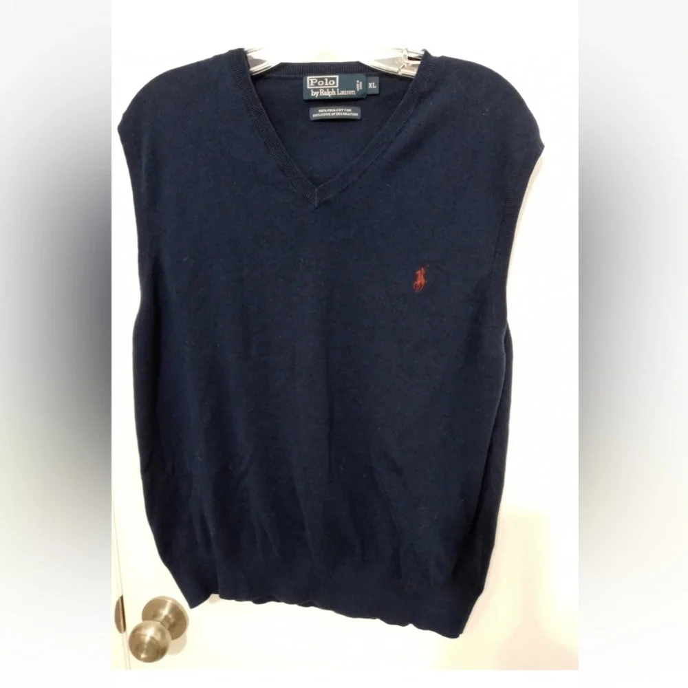Polo Ralph Lauren Men’s Navy blue Pima cotton pullover V Neck sweater vest XL